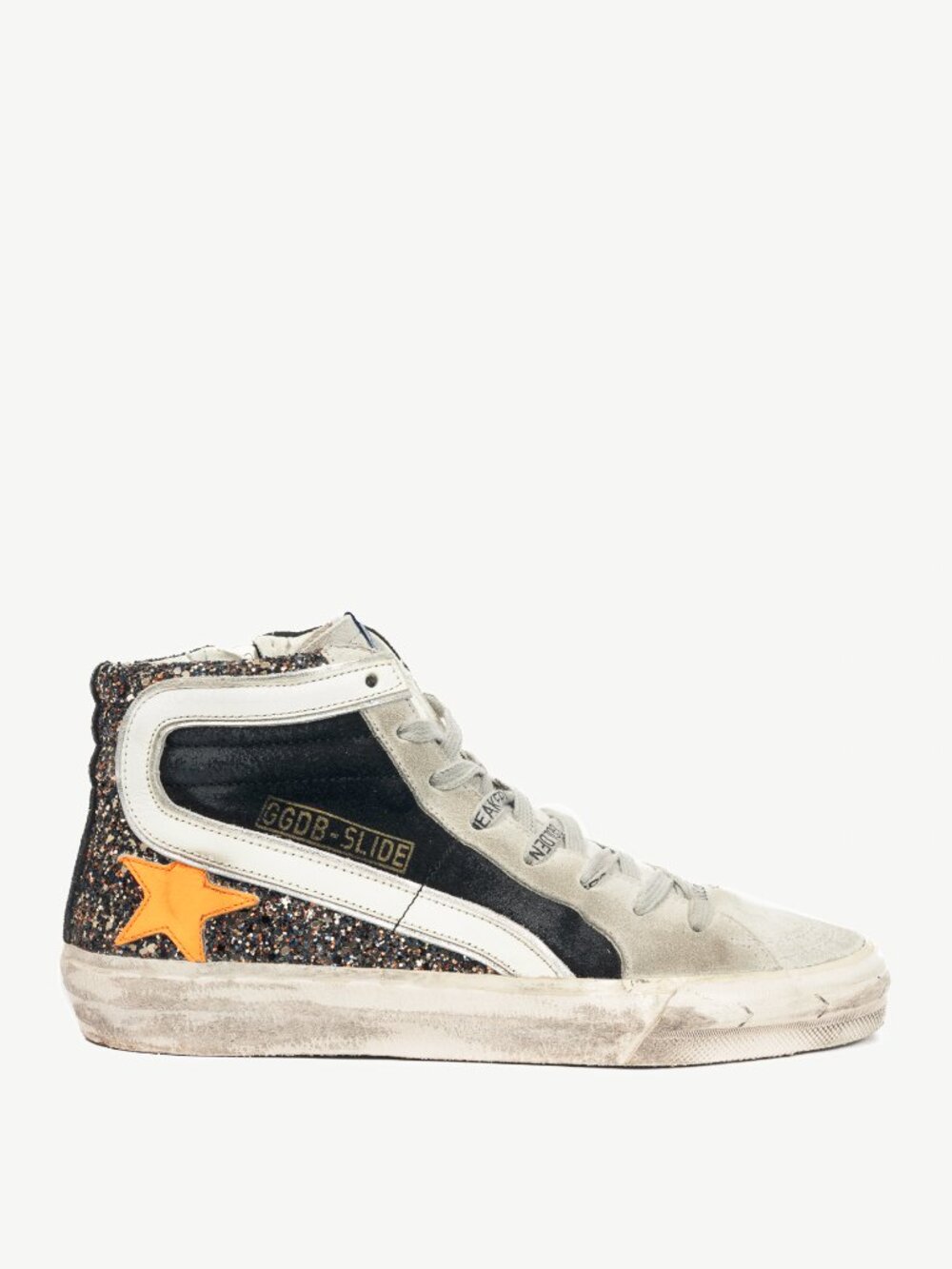 Golden Goose Slide Black, Gold Glitter & Orange Star Suede Sneakers